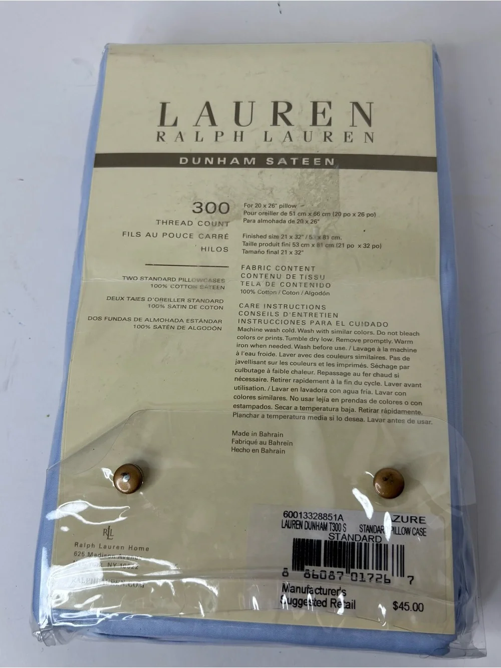 Ralph Lauren Dunham Sateen Blue Standard Pillowcases Pair 300 Thread Count